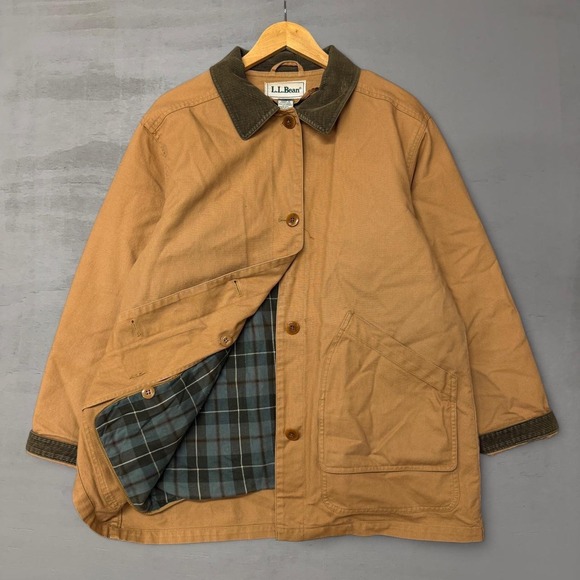 L.L. Bean Jackets & Blazers - Vintage L.L.Bean Barn Coat Tan Plaid Flannel Lined Corduroy Trim Women's Medium